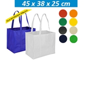Bolsa Eco Gigante
CÓDIGO: CCE6
Bolsa Ecológica Gigante, en Tela TNT reforzada de 100 g/m2, 100% reciclable y reutilizable. Cuenta con 2 asas de 70 cm c/u aprox.
• Tamaño: 45 x 38 x 25 cm.
• Colores: Blanco (01), Azulino (02), Rojo (03), Naranjo (04), Amarillo (05), Verde (06), Negro (08), Beige (09), Azul Marino (20), Verde Pistacho (45).
• Impresión: Serigrafía.
