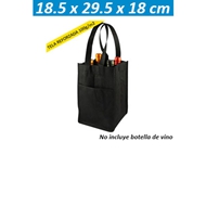 Bolsa Eco para 4 Vinos
CÓDIGO: CCE16 	
Bolsa Ecológica para 4 botellas de vino, en Tela TNT reforzada de 100 g/m2, 100% reciclable y reutilizable, con mangos.
• Tamaño: 18.5 x 29.5 x 18 cm
• Colores: Negro (08)
• Impresión: Serigrafía.