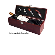 Caja de Madera para Vino
CÓDIGO: CCW5
Caja de madera barnizada con 4 accesorios metálicos de vino con finas terminaciones de madera. Elegante cuna satinada negra para botella.
• Tamaño: 36.3 x 11.2 x 11.2 cm.
• Color: Caoba (46).
• Factibilidad Logo: Serigrafía - Grabado Láser.